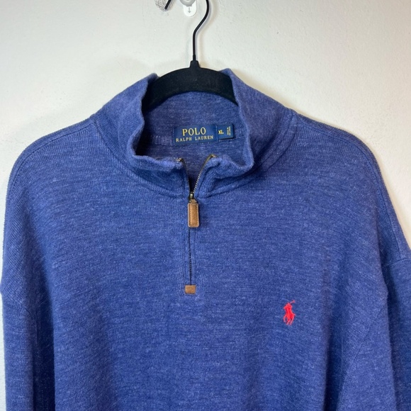 Polo Ralph Lauren Men's Quarter Zip Pullover Sweater Blue Heather Red Pony Sz XL - Picture 2 of 13